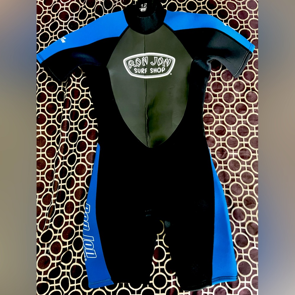 Ron Jon Surf Shop Youth Short Sleeve Shorty Wet Suit Size 12 Black Blue 🏄‍♂️
